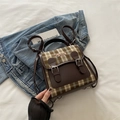 Mini sac à dos rétro à carreaux marrons avec broderie chien et boucle en métal vintage - Kaki