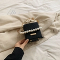 Chic black mini box bag with large pearl handle and woven texture crossbody style - Black
