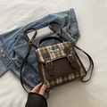 Sac à dos vintage à carreaux marron avec broderie chien et sangles en cuir - Bleu Lac