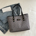 Borsa tote in tela grigia a pois rossi con spalline in pelle nera e stile casual - Rosso a pois