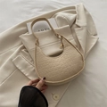Beige faux crocodile leather crescent bag with gold hardware and shoulder strap - Khaki