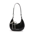 Glossy black crescent shoulder bag with cracked texture and silver beaded bow detail - Black (With Charm)