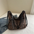 Large leopard print tote bag with black straps and zip details for women's daily commute - Dark Brown