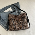 Large capacity leopard print tote bag with black bow details and denim styling - Dark Brown