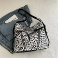 Fashionable leopard print large tote bag with silver zippers and bow detail - White