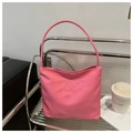 Detail of pink nylon shoulder bag with letter embroidery and round top handle - Rose Pink