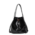 Glossy black patent leather bucket bag with a golden butterfly ornament and drawstring closure - Black