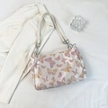 Beige tote bag with butterfly embroidery and silver chain strap for women - Butterfly Embroidery Style / Pink