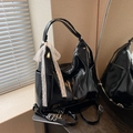 Grande borsa tote nera lucida con fiocco in pizzo e stile retrò francese elegante - Nero