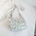Beige tote bag with blue butterfly embroidery and elegant silver chain strap - Blue Butterfly Embroidery Style / Blue