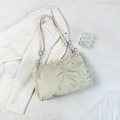 Elegant off-white tote bag with green bamboo leaf embroidery and silver chain strap - Bamboo Leaf Embroidery Style / Green