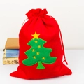 Red velvet Christmas gift bag with green tree embroidery and drawstring closure - Small Style C Christmas Tree Pattern