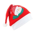 Rote Plüsch-Weihnachtsmütze mit weißem Kunstpelzrand und Schneemann-Stickerei für Feste - Schneemann