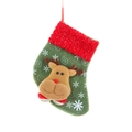 Olive green Christmas stocking with red faux fur cuff and 3D reindeer embroidery detail - Elk Style