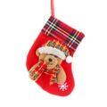 Roter Weihnachtsstrumpf mit 3D-Teddybär mit Karomuster und weißer Schneeflocke - Bär Stil (D Stil)