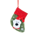 Green Christmas stocking with 3D plush polar bear and snowflake prints on white background - Bear Style