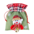 Green burlap Christmas drawstring gift bag featuring 3D snowman and gold bells - Snowman / Green
