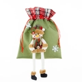 Kerstcadeauzakje met sneeuwpopmotief van groen linnen en rood trekkoordje - Stijl B Sneeuwpop
