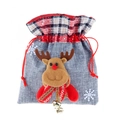 Grey burlap Christmas gift bag with plush reindeer, bells, and red plaid drawstring top - Deer / Gray