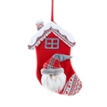 Red felt Christmas stocking with house shape, grey snowflake roof and Santa face motif - Santa Claus Style (Red)