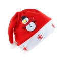 Plush Christmas hat in red and white featuring a snowman applique and red snowflakes - Snowman
