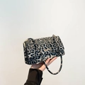 Chic grey leopard print small square baguette bag with gold metal buckle and shoulder strap - Black