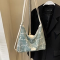 Bolso tote grande de lona a rayas verde oscuro y blanco con correa blanca - Verde