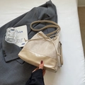 Chic beige patchwork bucket bag with drawstring bow and slim strap for daily commute - Basic Style / Off White