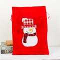 Red velvet Christmas drawstring gift bag featuring a cute snowman applique embroidery - Large Style B Snowman Pattern
