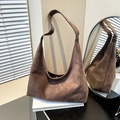 Large dark brown suede hobo tote bag for women featuring a magnetic snap closure - Brown
