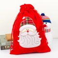 Red velvet Christmas gift bag with embroidered Santa Claus and drawstring closure - Small Style A Santa Claus Pattern