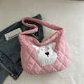 Pink quilted tote bag with cute plush dog patch and diamond pattern for daily commuting - Pink