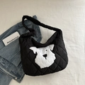 Black quilted tote bag with white plush dog patch decoration in casual daily style - Black