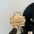 Chic beige matte leather mini handbag with long fringes and detachable shoulder strap - Khaki