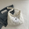 Quilted off-white puffy tote bag with cute animal patch and wide shoulder strap - White