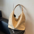 Bolso tote hobo minimalista de gamuza beige de gran capacidad para mujer en silla de cuero - Caqui