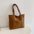 Borsa tote classica in pelle PU marrone con grana naturale e tasca anteriore - Marrone