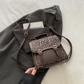 Mini zaino leopardato vintage da donna in ecopelle marrone con doppie fibbie decorative - Marrone