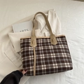 Bolso tote de lona a cuadros vintage en marrón y azul con asas de cuero PU - Caqui