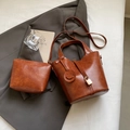 Caramel brown vintage bucket bag set with inner pouch and gold lock detail - Shoulder Bag Set / Brown