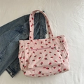 Borsa tote in velluto a coste rosa con motivo fragola rossa e tasca frontale zip - Rosa