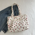 Borsa tote in velluto a coste bianca con stampa fragola, tasche multiple e manici comodi - Bianco