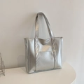 Metallic silver tote bag with crinkled texture and front pocket for daily use - Silver