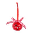 Red 5cm Christmas bell ornament with white stars and red checkered bow hanging - Red Bell