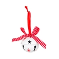White Christmas bell ornament with red plaid bow and star patterns for holiday trees - White Bell