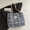 Blue and white striped tote bag with cream leather straps and minimalist fashion patch - Blue without Charm