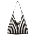 Minimalist black and white vertical striped canvas tote bag with wide shoulder straps - Black