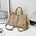 Retro khaki corduroy tote bag with dual front pockets and adjustable shoulder strap - Khaki