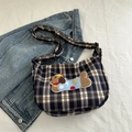 Navy blue checkered canvas dumpling bag with cute 3D cartoon puppy embroidery patch - Blue