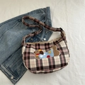 Brown and pink checkered shoulder bag featuring a cute plush dalmatian embroidery patch - Pink